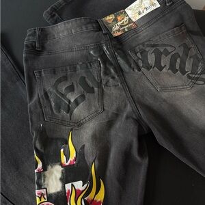 Ed Hardy Black Slim Straight Jeans with Yellow & Red Flame Graphics